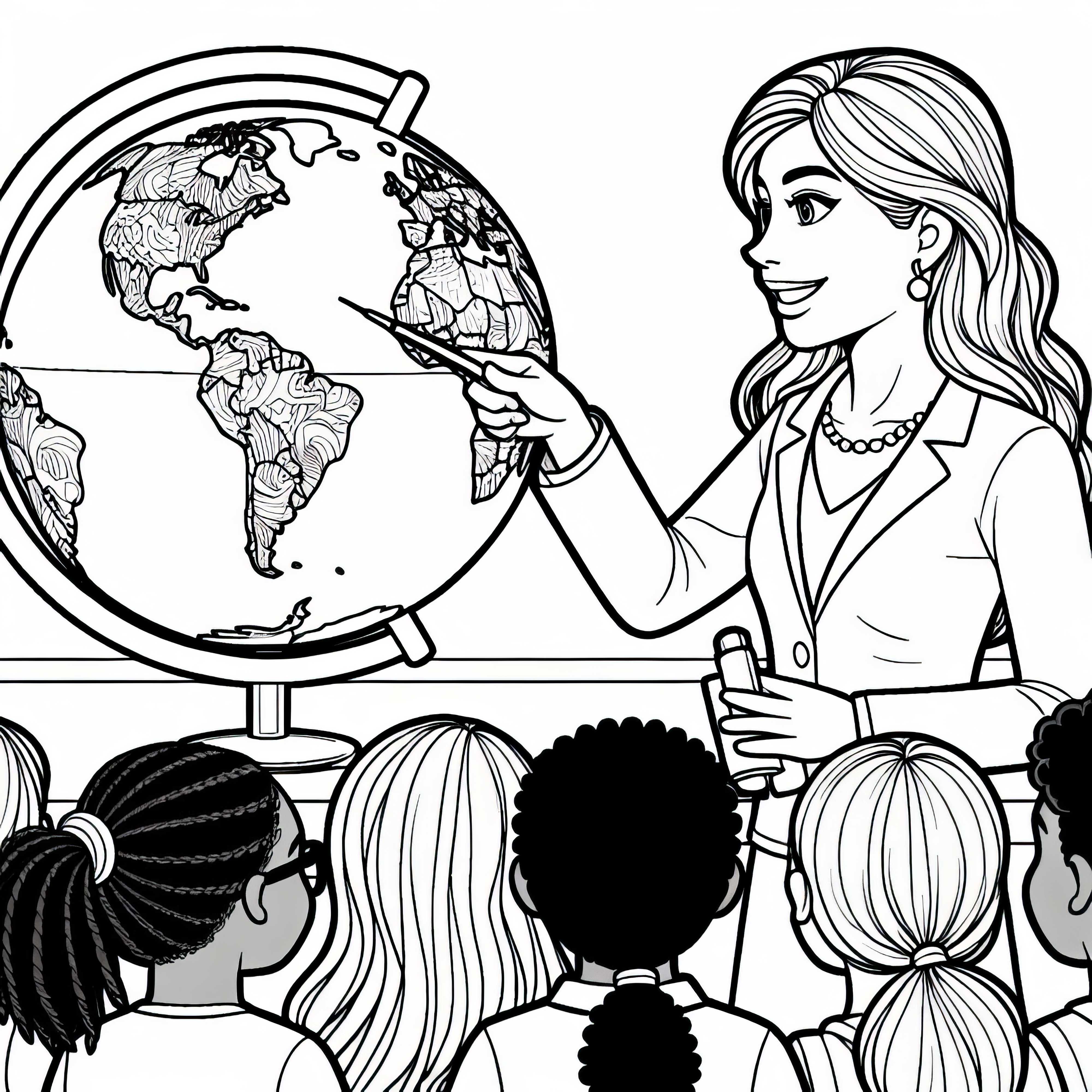 Uma professora aponta algo em um globo – Modelo para colorir