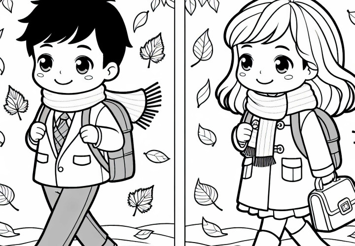 Crianças correm pelas folhas de outono no caminho escolar - Modelo para colorir grátis