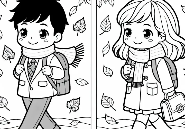 Çocuklar okul yolunda sonbahar yapraklarının içinden koşuyor – Ücretsiz boyama sayfası Çocuklar okul yolunda sonbahar yapraklarının içinden koşuyor – Ücretsiz boyama sayfası