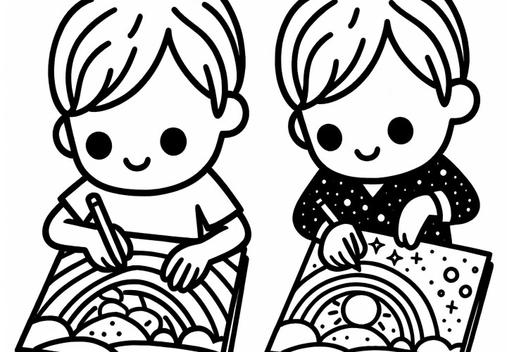 Kinder mit Schulheften – Malvorlage gratis