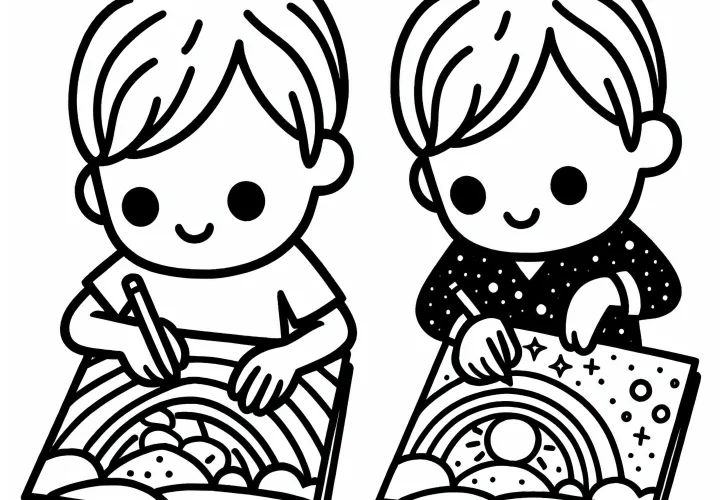 Kinder mit Schulheften – Malvorlage gratis