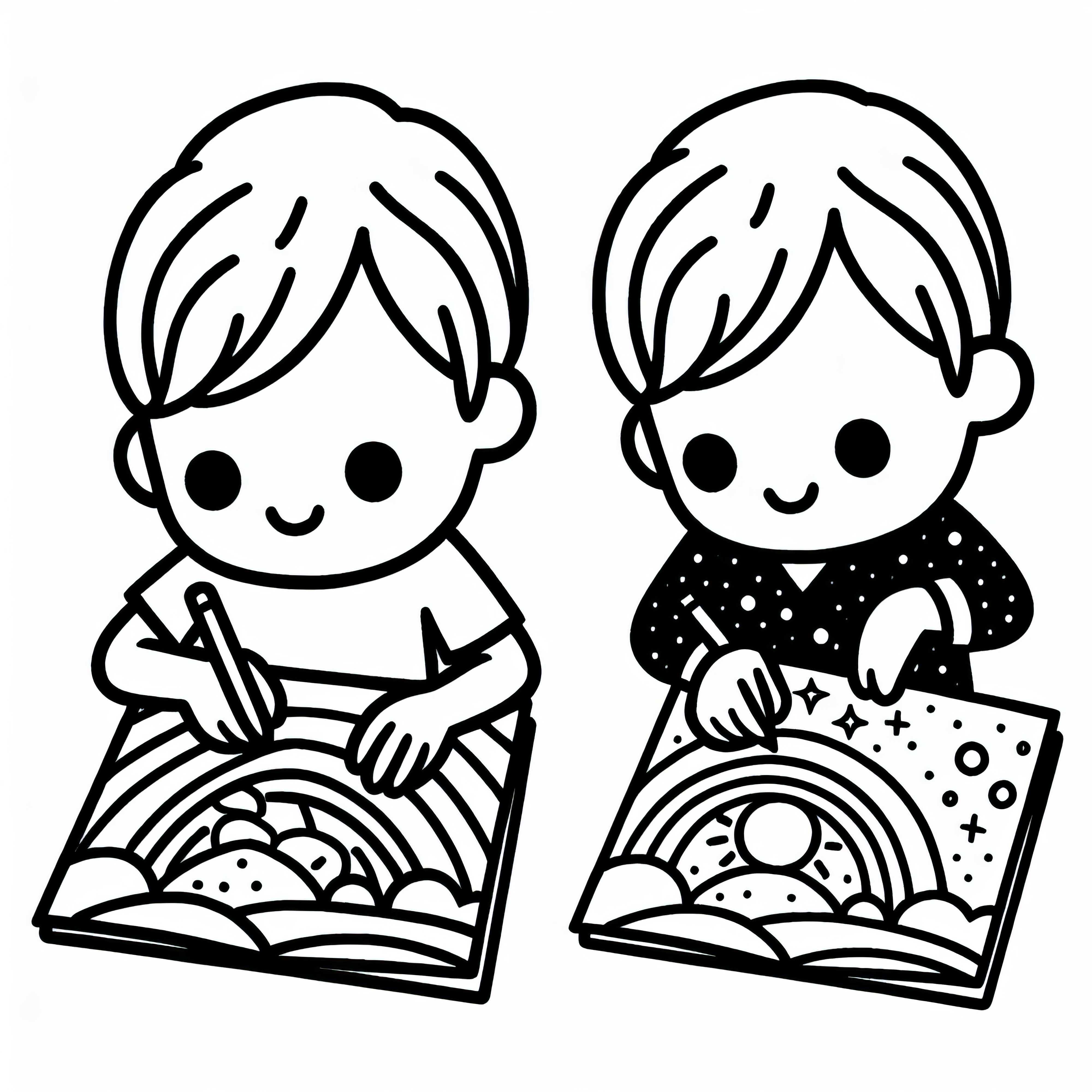 Kinder mit Schulheften &ndash; Malvorlage gratis