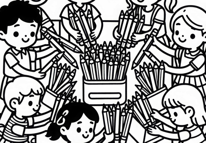 Crianças organizam juntas os lápis - Desenho para colorir grátis