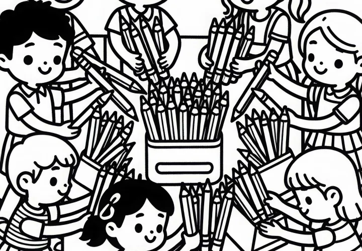 Børn rydder sammen op med farvekridt – Gratis malebillede