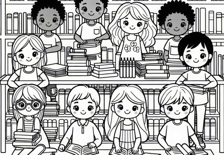 Crianças na biblioteca escolar - Desenho para colorir grátis