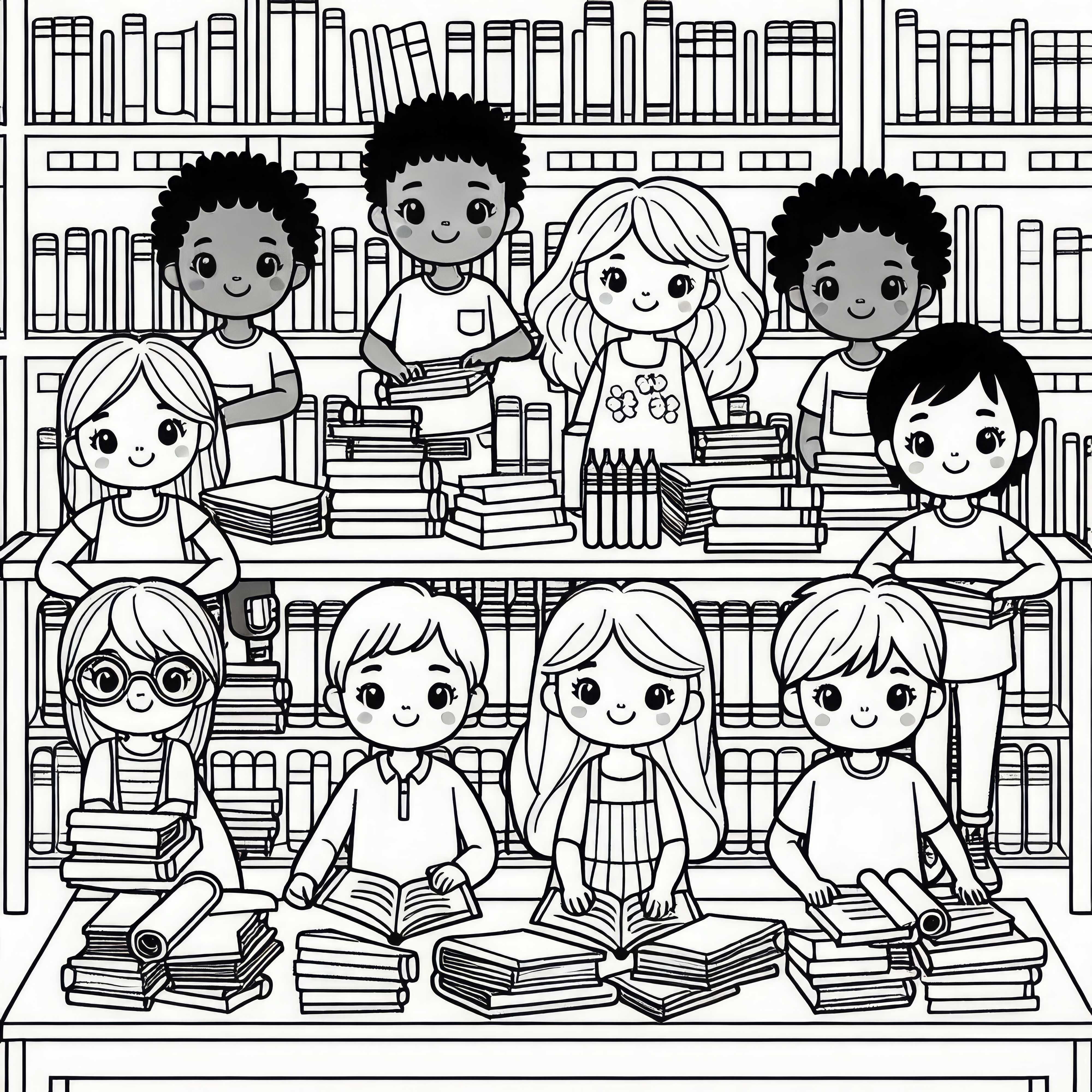 Crianças na biblioteca da escola - Desenho para colorir grátis Crianças na biblioteca escolar - Desenho para colorir gratuito