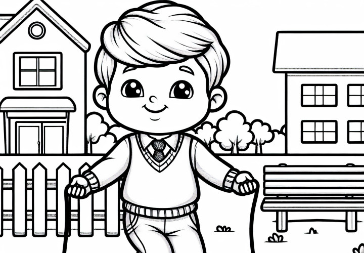 Criança pula corda no pátio durante o intervalo – Desenho para colorir gratuito