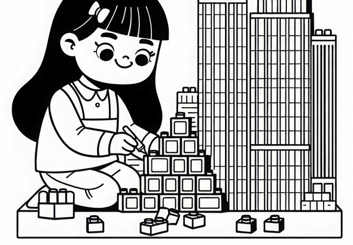Criança brinca com blocos de construção e trabalha em um arranha-céu – Desenho para colorir grátis
