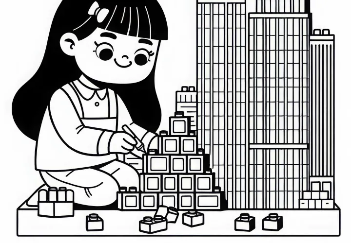 Barn leger med klodser og arbejder på højhus – Malebillede gratis