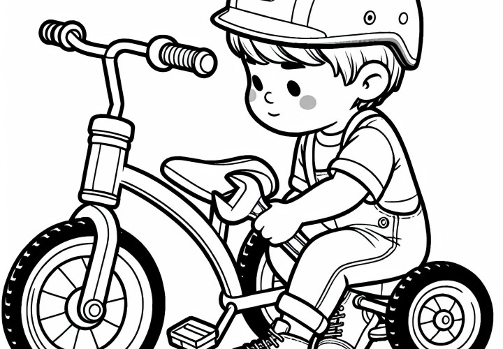 Criança consertando triciclo com chave de fenda e capacete - Modelo para colorir gratuito