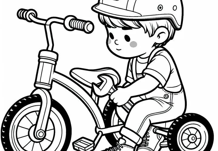 Barn reparerer trehjulet cykel med skruenøgle og hjelm - Malerplade gratis