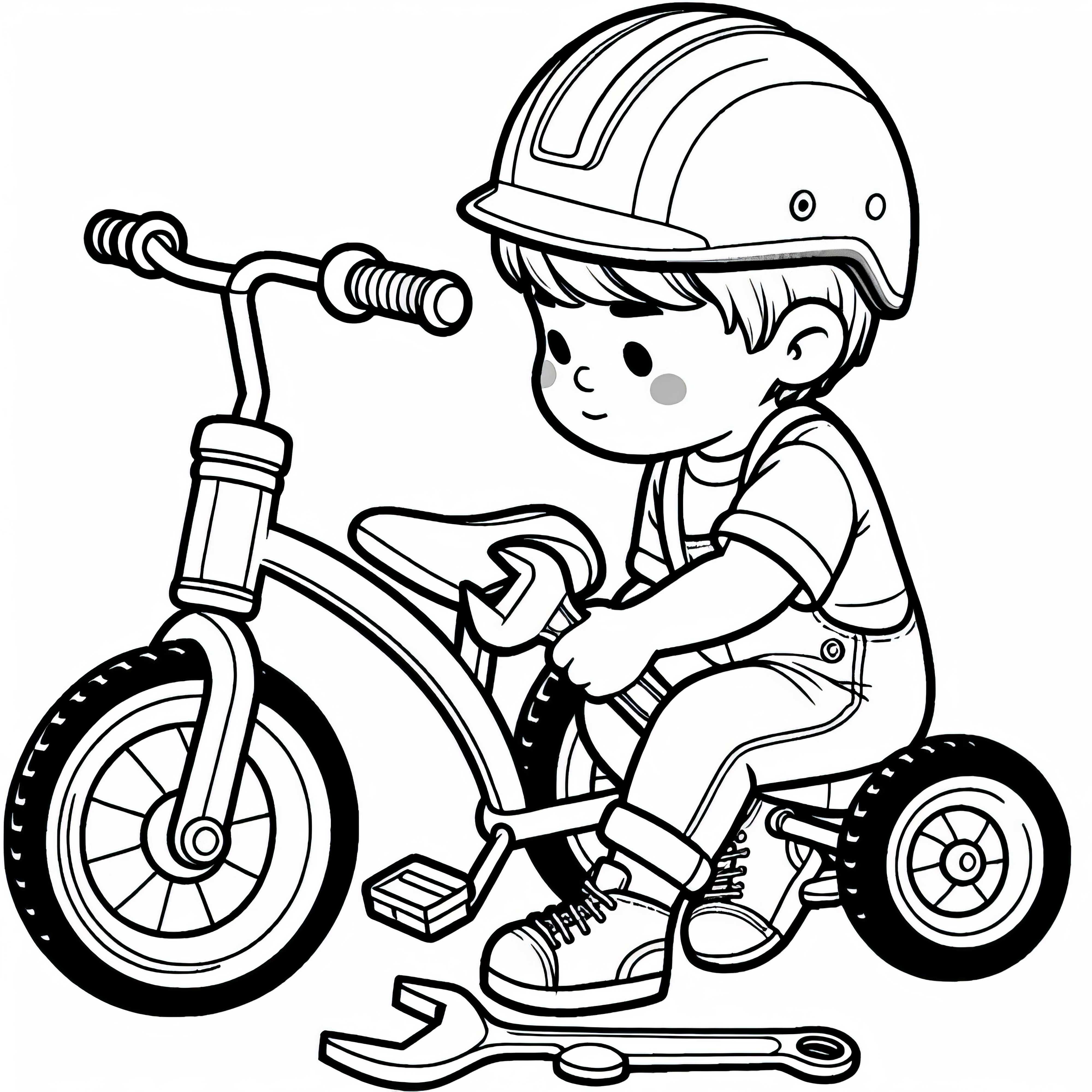 Criança conserta triciclo com chave de fenda e capacete – Modelo para colorir grátis Criança conserta triciclo com chave inglesa e capacete – modelo para colorir gratuito