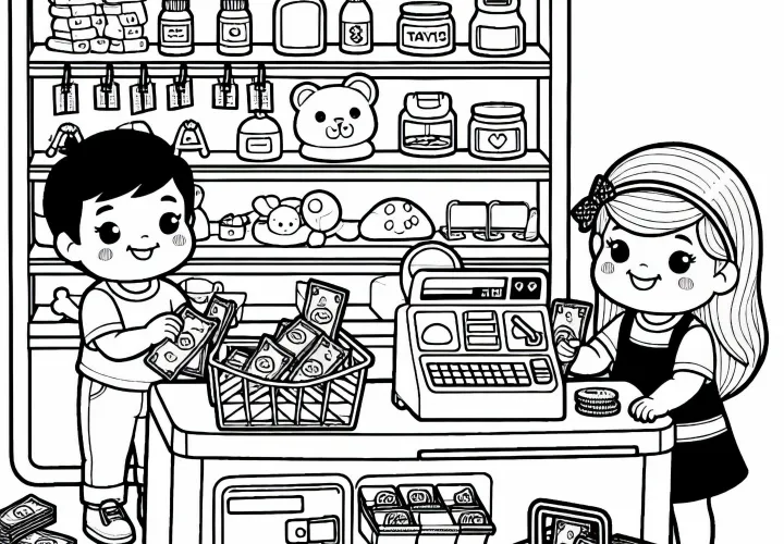 Duas crianças administram uma pequena loja de mercadorias com dinheiro de brinquedo - Desenho para colorir gratuito