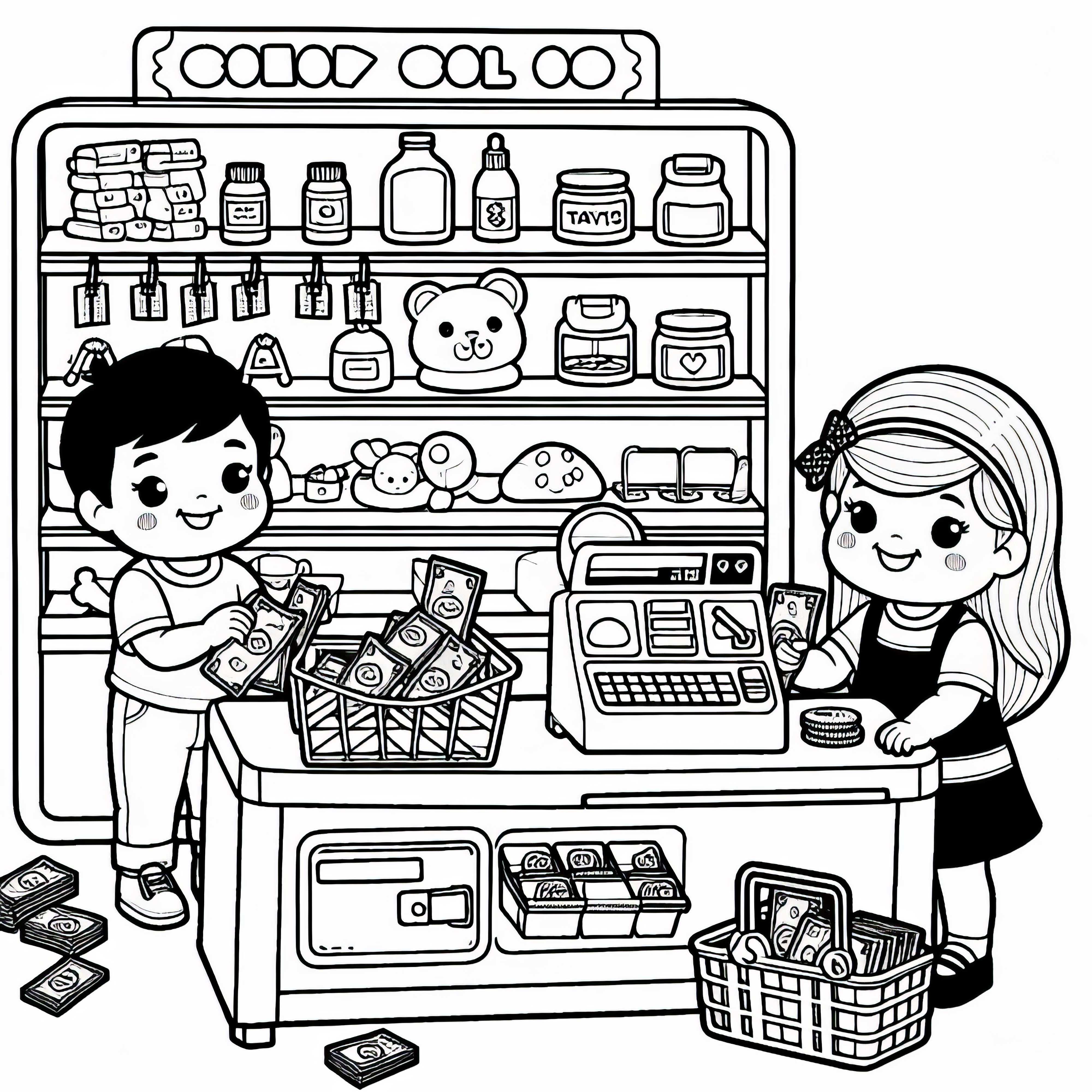 Duas crianças gerenciam uma pequena loja de comerciantes com dinheiro de brinquedo - Desenho para colorir gratuito
