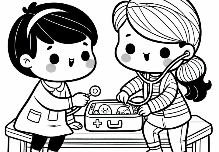 Duas crianças brincando de médico e paciente com maleta de médico – Desenho para colorir grátis