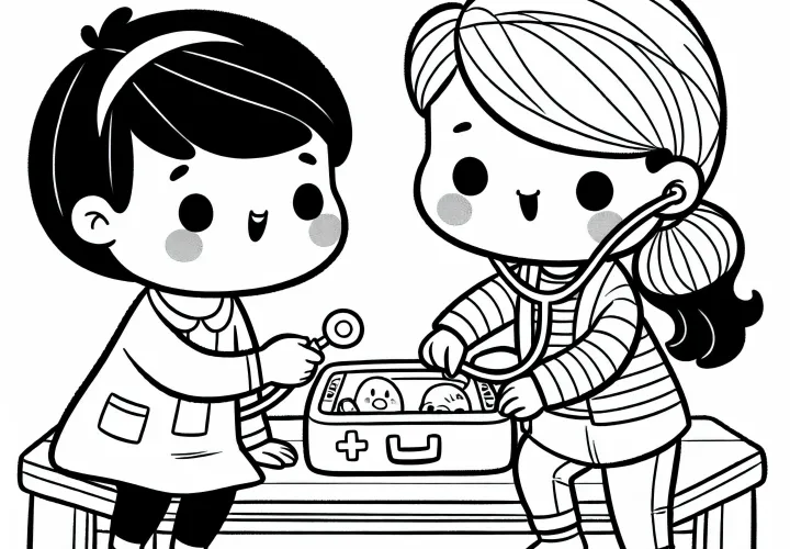 Duas crianças brincando de médico e paciente com maleta de médico – Desenho para colorir grátis