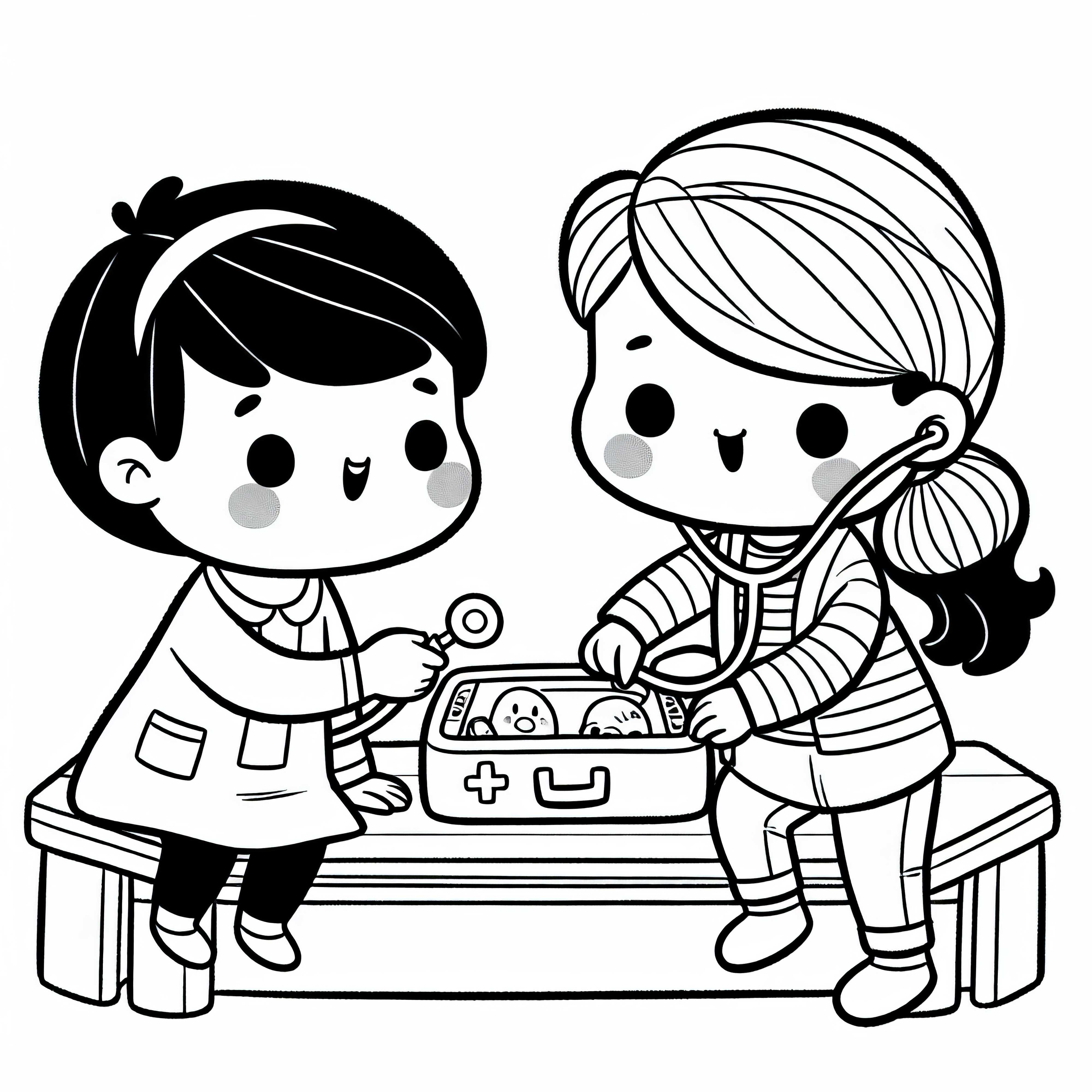 Duas crianças brincando de médico e paciente com maleta de médico – Desenho para colorir grátis Duas crianças brincando de médico e paciente com maleta de médico – Desenho para colorir grátis