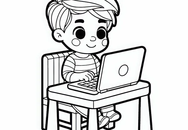 Criança sentada à mesa de jogos com laptop e trabalhando como mamãe ou papai – Imagem para colorir grátis