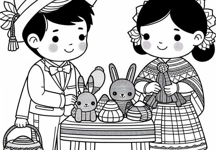 Duas crianças vendendo itens artesanais em uma mesa como uma barraca de mercado, modelo para colorir grátis