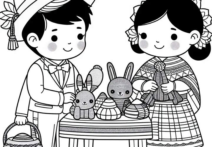 Duas crianças vendendo itens artesanais em uma mesa como uma barraca de mercado, modelo para colorir grátis