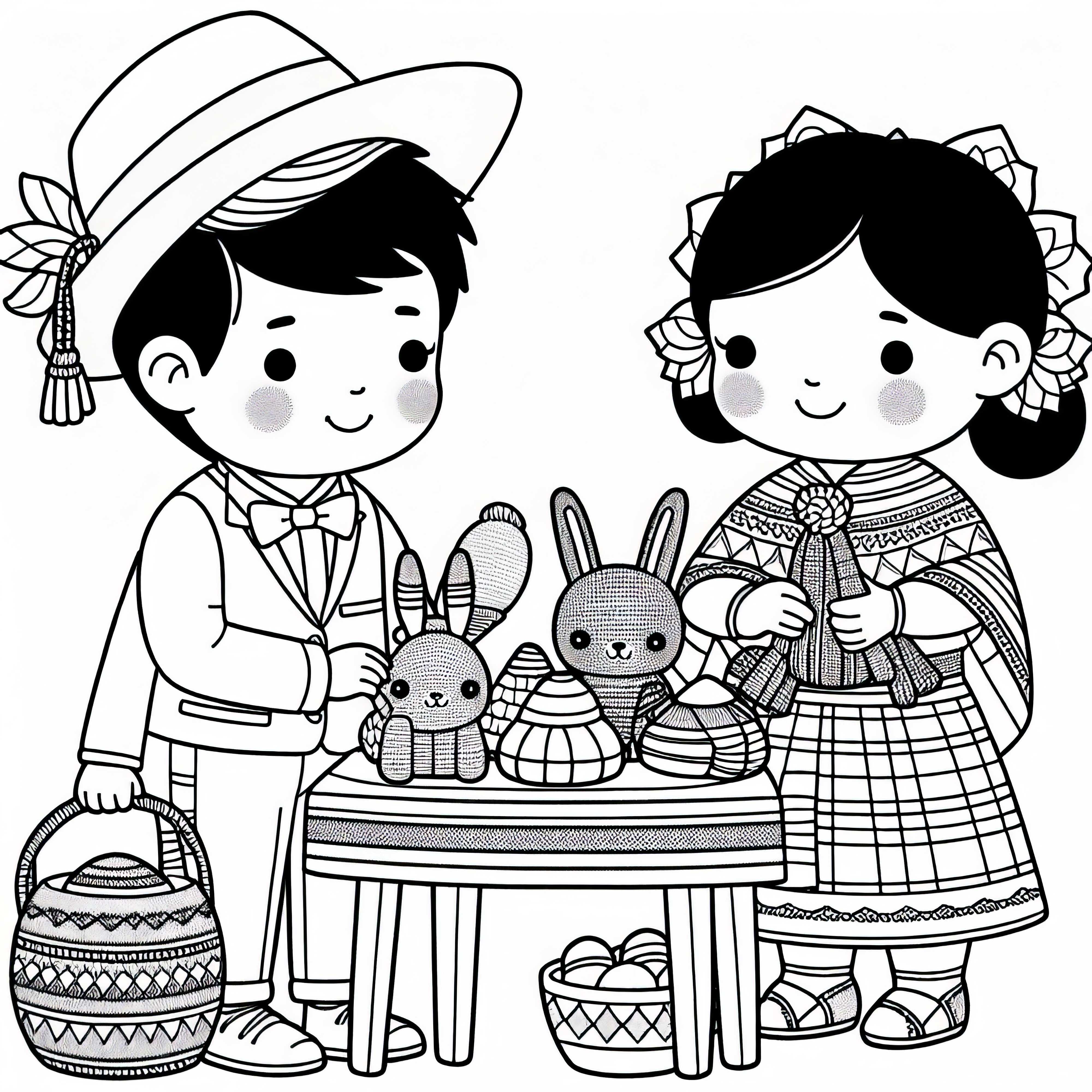 Duas crianças vendendo coisas feitas à mão em uma mesa como uma banca de mercado. Modelos para colorir grátis Duas crianças vendem itens feitos à mão em uma mesa, como uma barraca de mercado. Modelo para colorir grátis