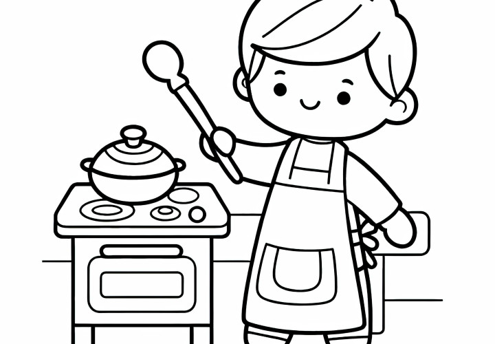 Crianças assam de forma criativa com avental na cozinha de brinquedo – Desenho para colorir grátis