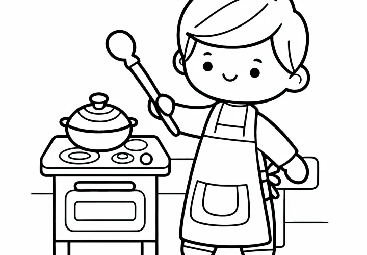 Crianças assam de forma criativa com avental na cozinha de brinquedo – Desenho para colorir grátis