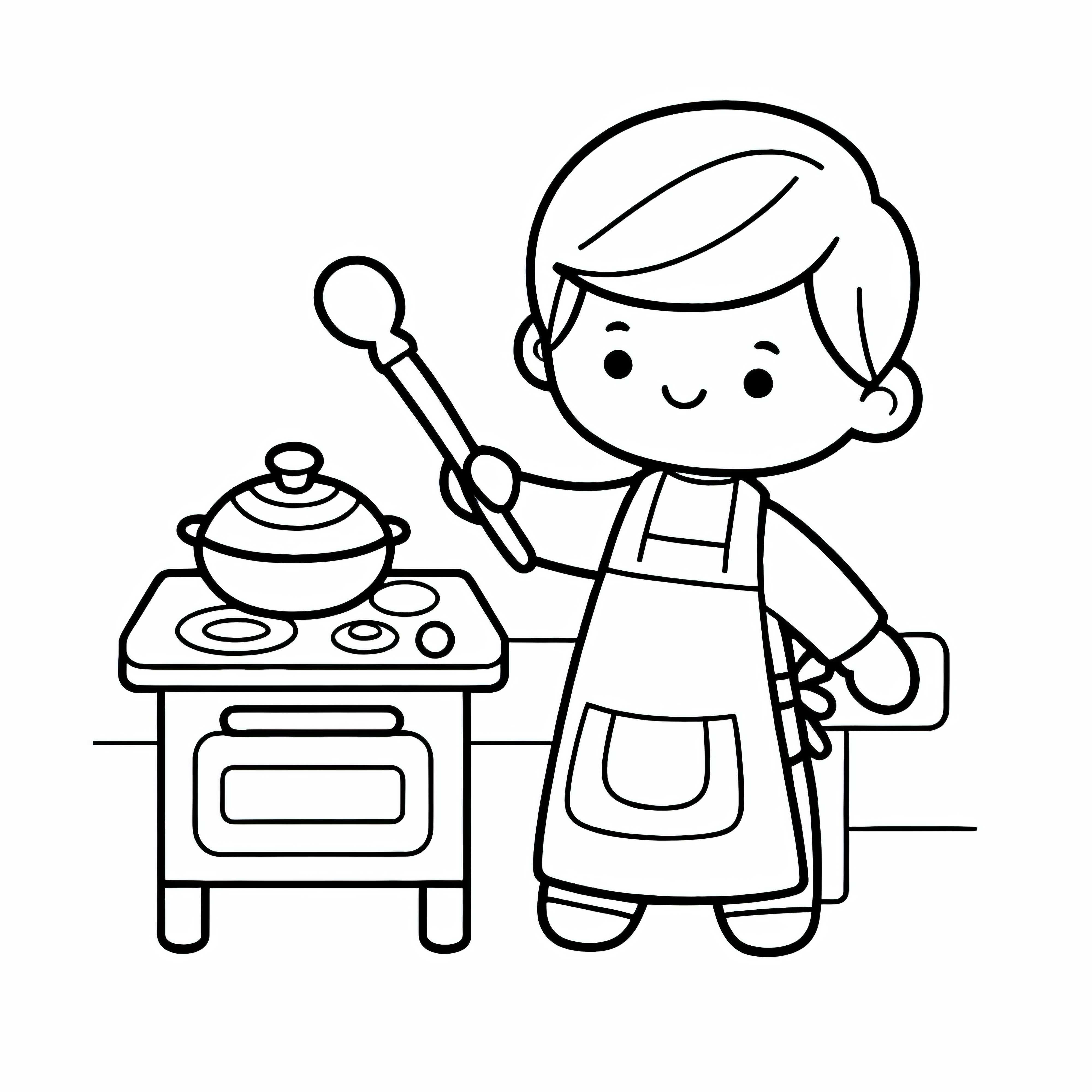 Crianças assam de forma fantasiosa com avental na cozinha de brinquedo – Desenho para colorir grátis