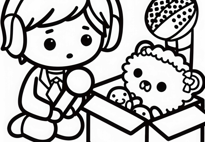 A criança faz uma entrevista com um peluche usando um microfone de papelão - Modelo de colorir gratuito