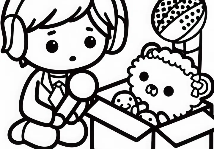 A criança faz uma entrevista com um peluche usando um microfone de papelão - Modelo de colorir gratuito