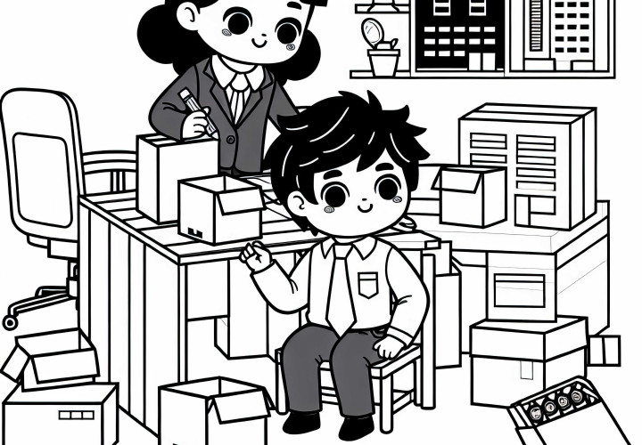 Crianças constroem um escritório com caixas – Modelo para colorir gratuito