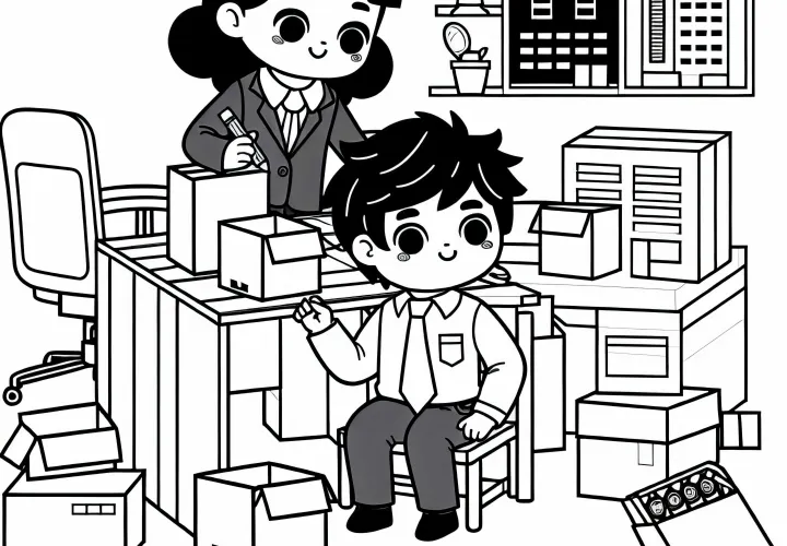 Crianças constroem um escritório com caixas – Modelo para colorir gratuito