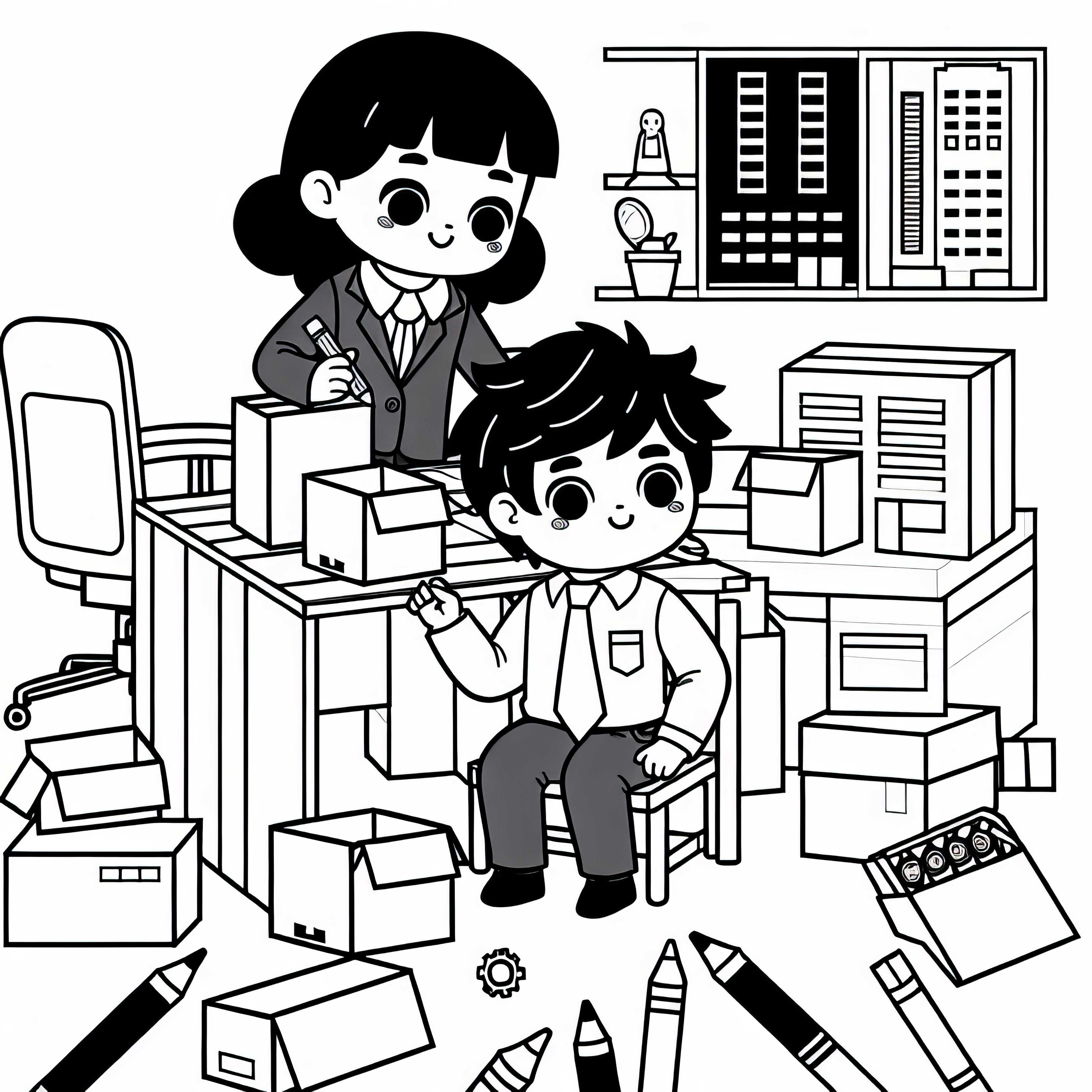 Crianças constroem um escritório com caixas de papelão - Modelo para colorir gratuito