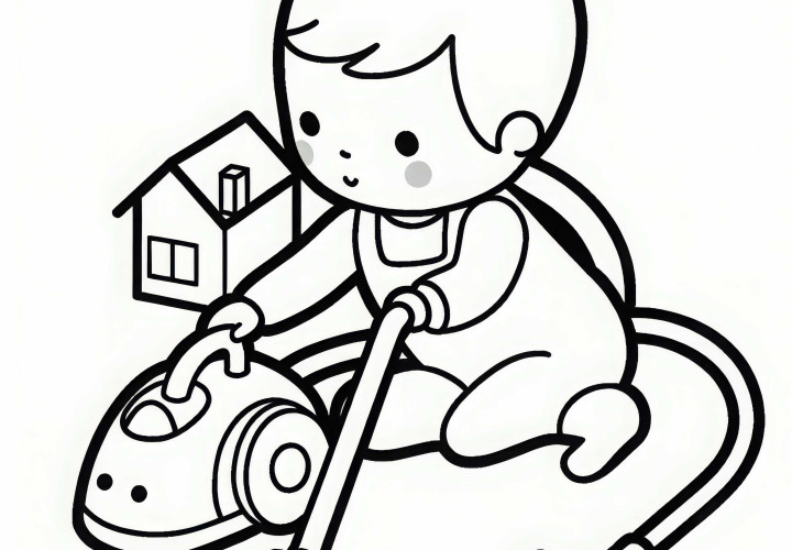 Criança faz limpeza com aspirador de pó de brinquedo – Modelo para colorir grátis