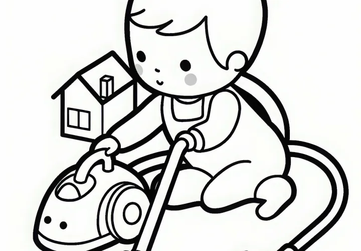 Criança faz limpeza com aspirador de pó de brinquedo – Modelo para colorir grátis