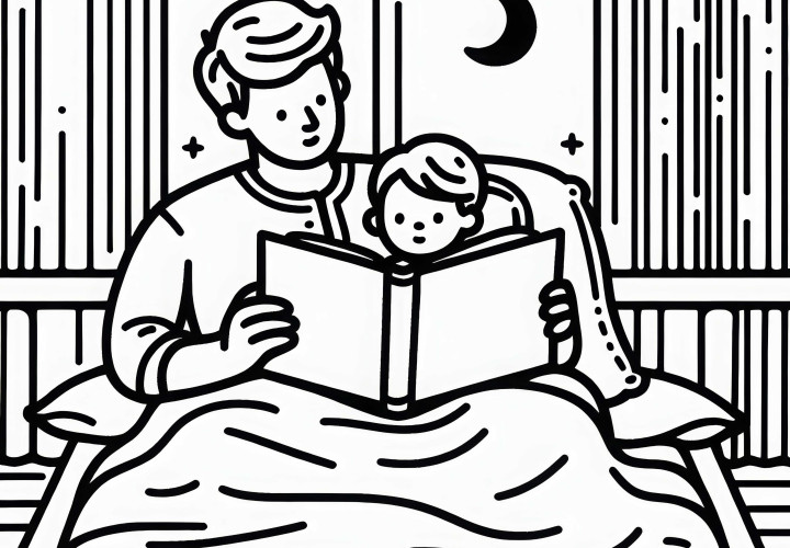 Papa felolvassa a gyereknek a jóéjtét – Ingyenes színező kép