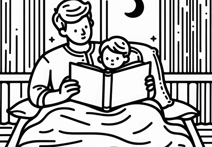 Papa felolvassa a gyereknek a jóéjtét – Ingyenes színező kép
