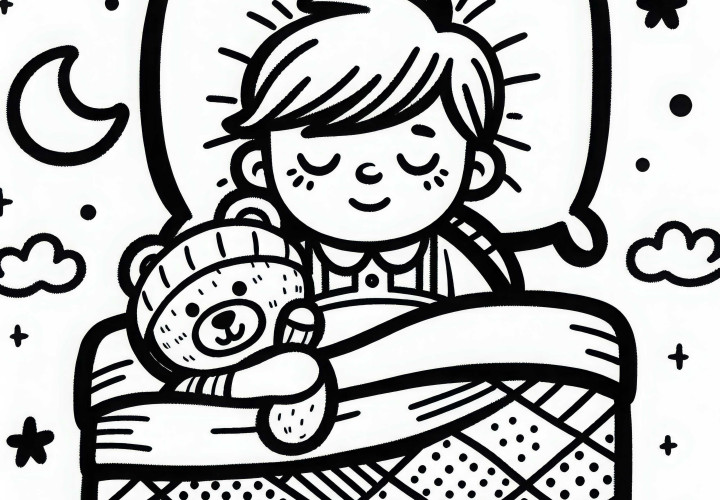 A gyerek bebújik az ágyba a plüssállatával, ingyenes színezőlap