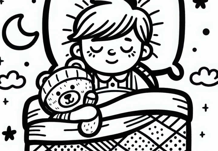A gyerek bebújik az ágyba a plüssállatával, ingyenes színezőlap