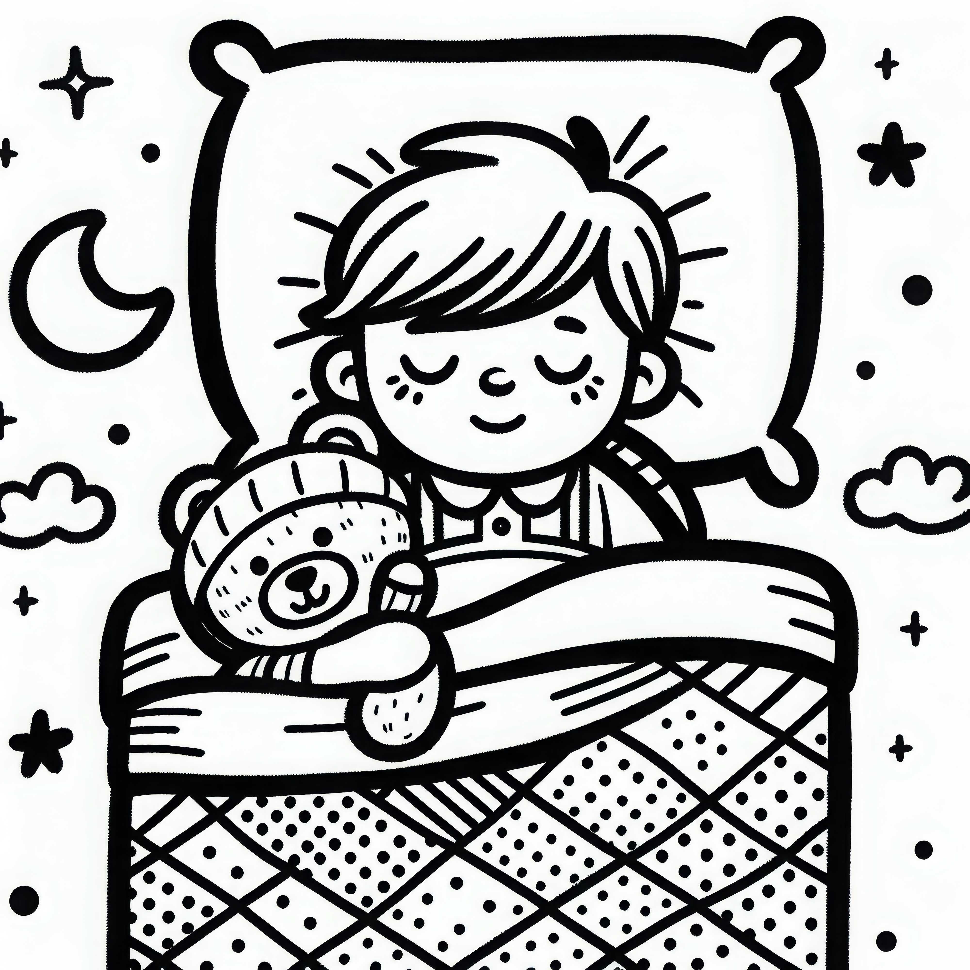 A gyermek összegömbölyödve fekszik az ágyban mackós színezőlap ingyenesen
