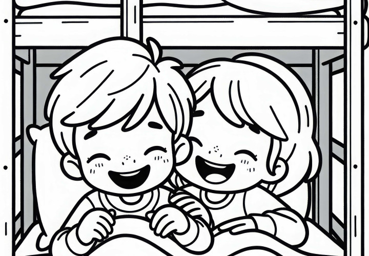 Testvérek együtt nevetnek a emeletes ágyban – Ingyenes színezőlap