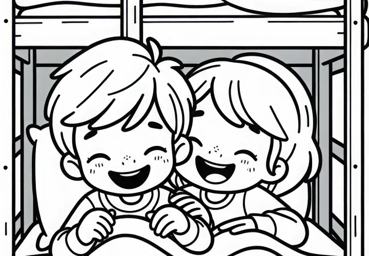 Testvérek együtt nevetnek a emeletes ágyban – Ingyenes színezőlap