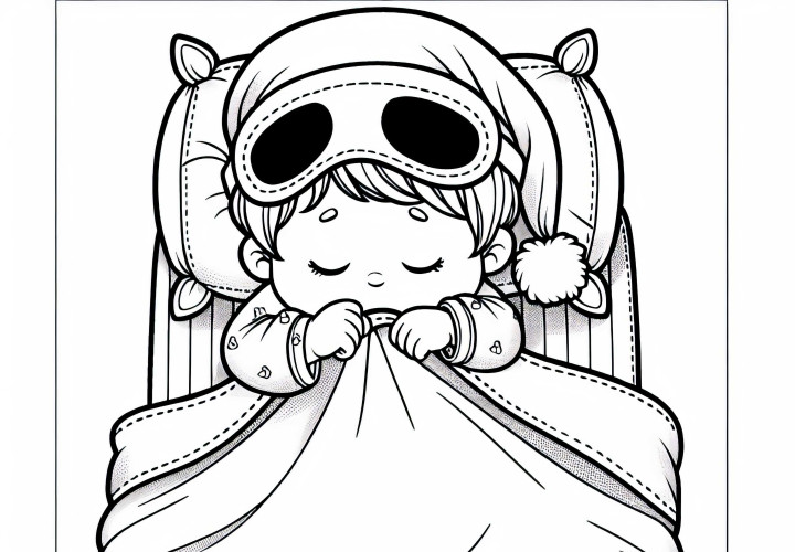 A gyerek álarccal és pizsamában fekszik a takaró alatt – Színezőlap ingyenesen