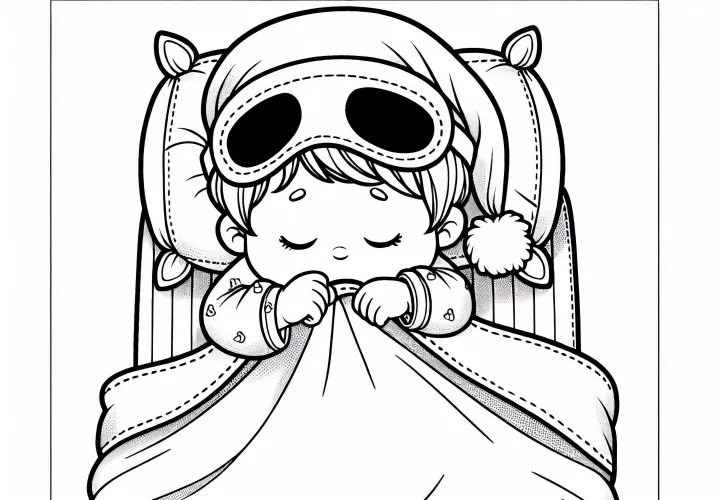 A gyerek álarccal és pizsamában fekszik a takaró alatt – Színezőlap ingyenesen