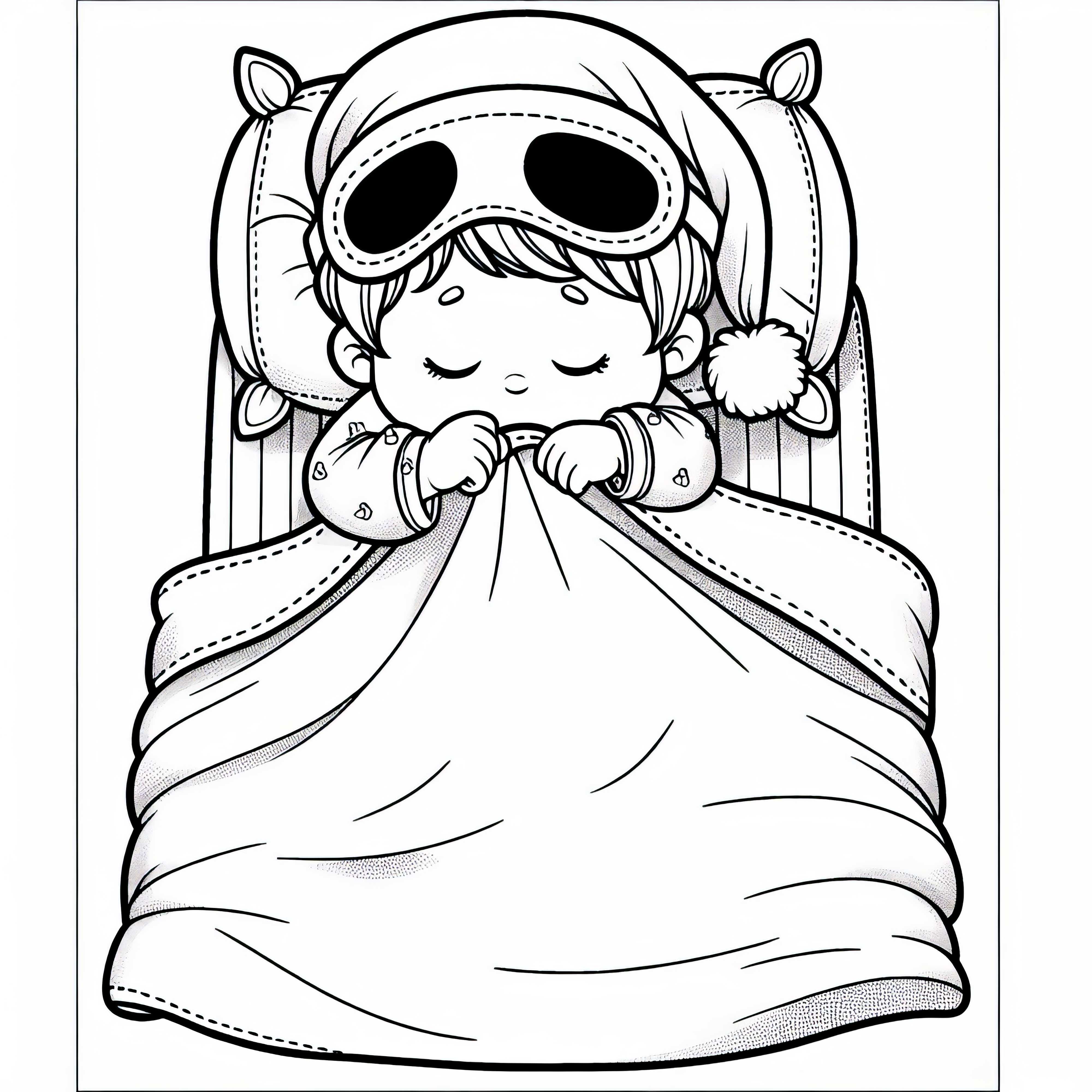 A gyermek ágytakaró alatt alsómaszkban és pizsamában fekszik – Ingyenes színező kép