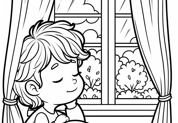 A gyermek álmodozva néz ki az ablakon, mielőtt az ágyba bújik – Ingyenes színezőlap