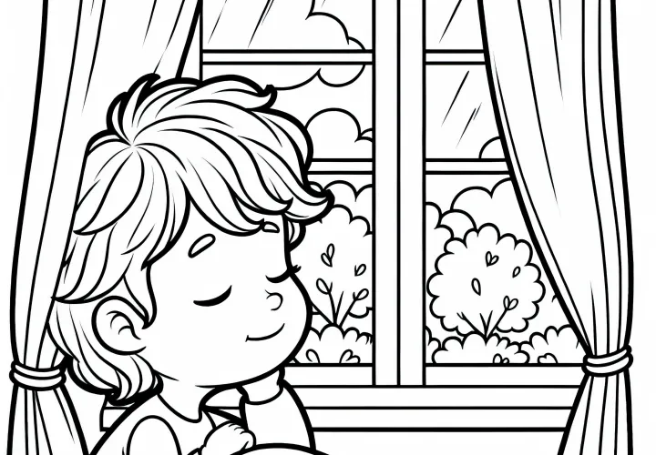 A gyermek álmodozva néz ki az ablakon, mielőtt az ágyba bújik – Ingyenes színezőlap