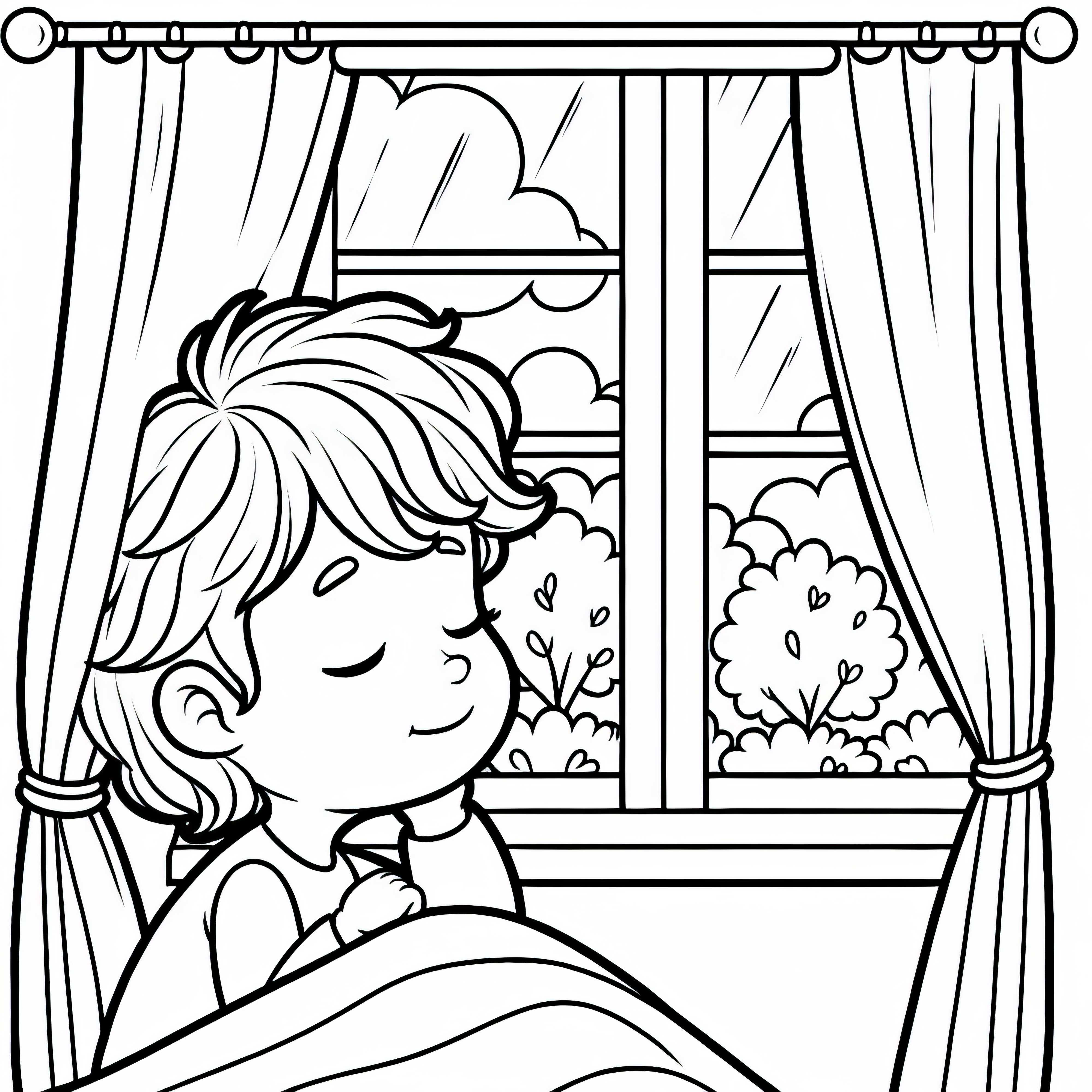 A gyermek álmodozva néz ki az ablakon, mielőtt lefekszik – Ingyenes színezőlap