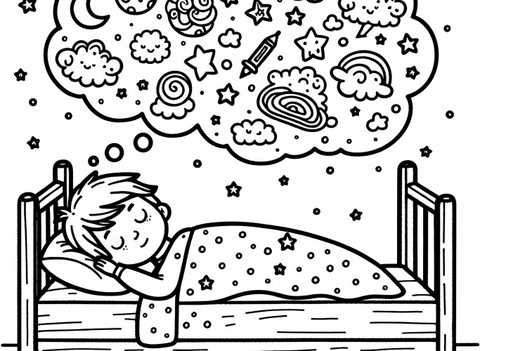 A gyermek álmodik az ágya felett: Repülés fantáziálak formájában felhőkben – Ingyenes színezőlap