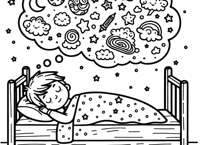 A gyermek álmodik az ágya felett: Repülés fantáziálak formájában felhőkben – Ingyenes színezőlap